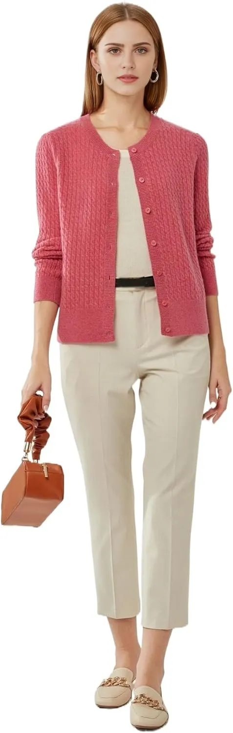 100% Cashmere Women's Cable Knit Cardigan Sweaters for Women Long Sleeve Crew Neck Warm Button Down