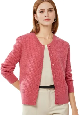 100% Cashmere Women's Cable Knit Cardigan Sweaters for Women Long Sleeve Crew Neck Warm Button Down