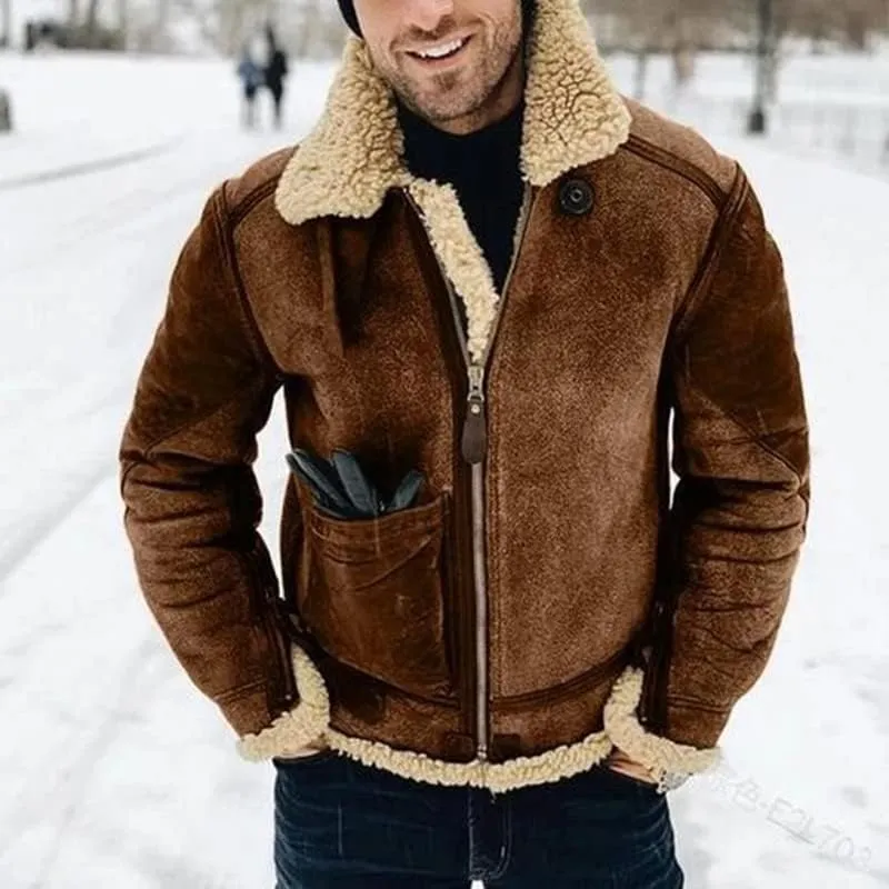 Akivide Men's Fleece Sherpa Lined Jackets Winter Warm Suede Casual Lapel Full Zip Bomber Coat Outerwear with Pockets