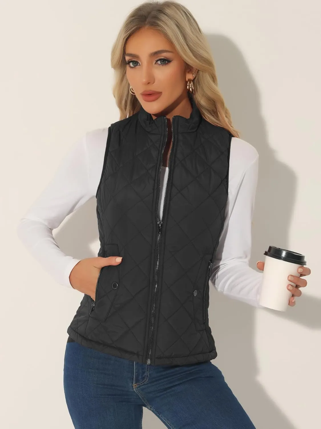 Allegra K Women's Puffer Vest Stand Collar Lightweight Gilet Quilted Zip Vest
