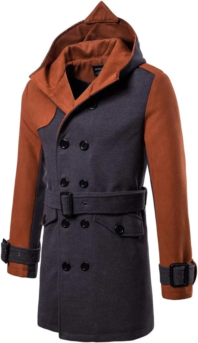AOWOFS Men's Trenchcoat Wool Blend Winter Long Double Breasted Overcoat Slim Fit Warm with Belt