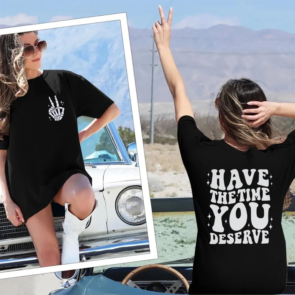 ASTANFY Oversized Tshirts for Women: Deserve Day Shirt Funny Skeleton Shirts Casual Oversized Graphic Tees Tops