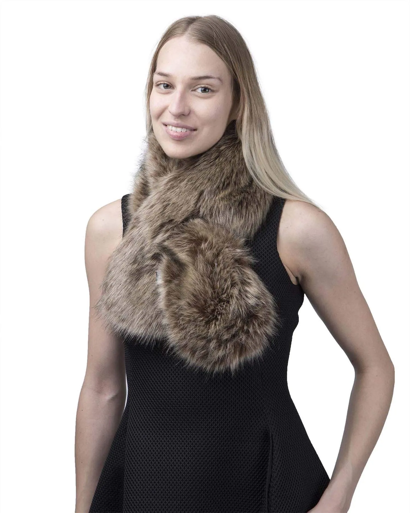 BasicSense Winter Long Fluffy Faux Fur Collar Wrap Inner Fleece Fabric for Women Warm Tippet Russian Style Scarf Brown
