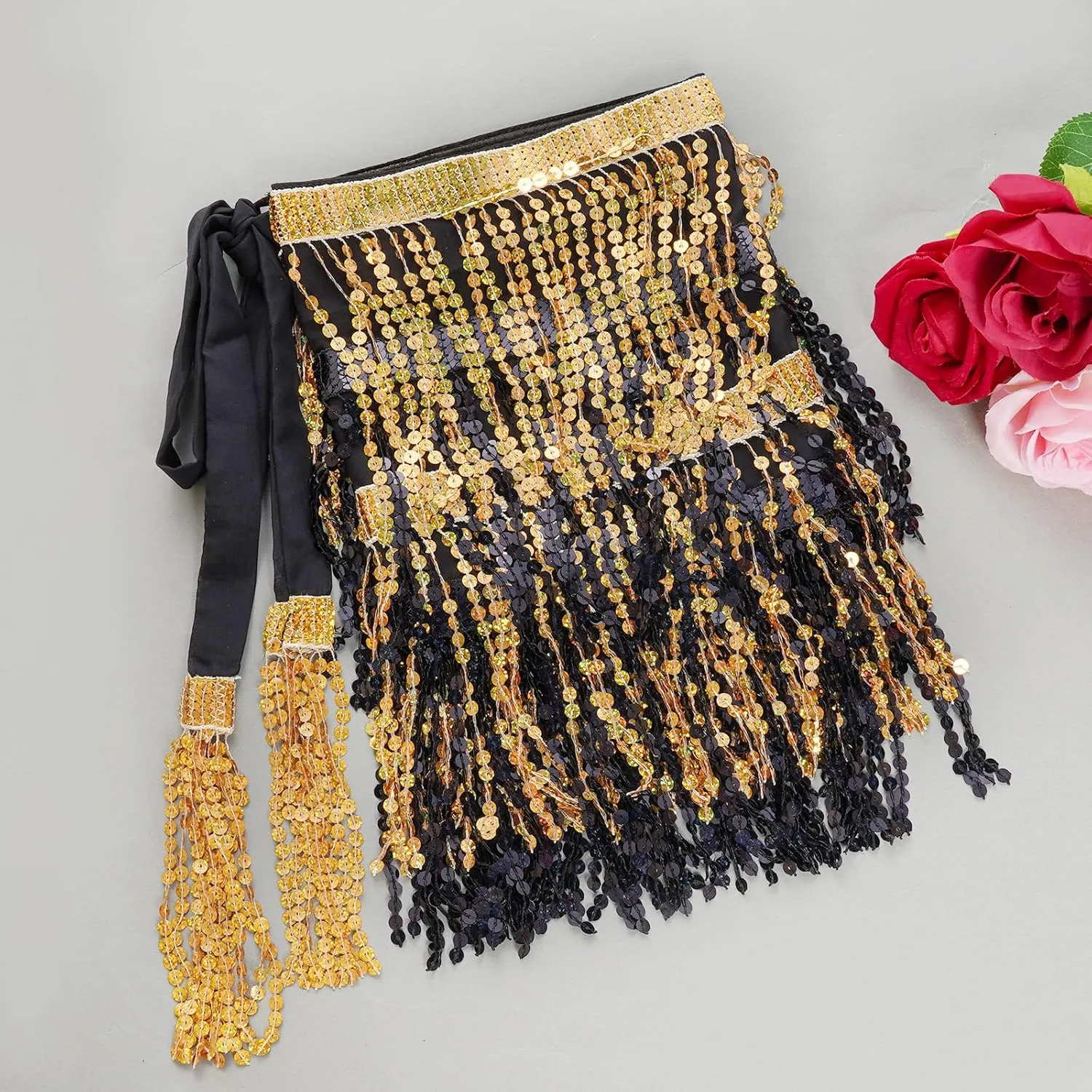 Belly Dance Hip Scarf Sequin Tassel Skirt Wrap Sparkly Rave Costume for Women