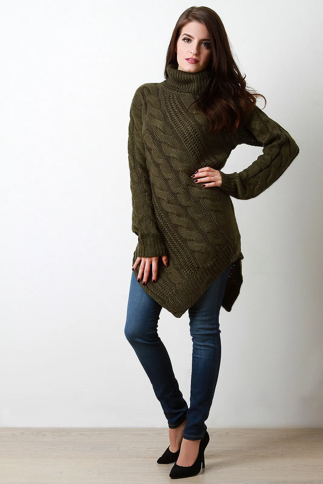 Bias Cut Turtle Neck Chunky Knit Sweater