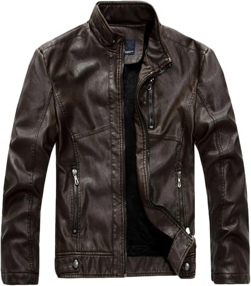 chouyatou Men's Vintage Stand Collar Pu Leather Jacket