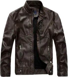 chouyatou Men's Vintage Stand Collar Pu Leather Jacket