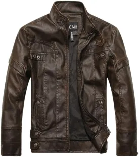 chouyatou Men's Vintage Stand Collar Pu Leather Jacket