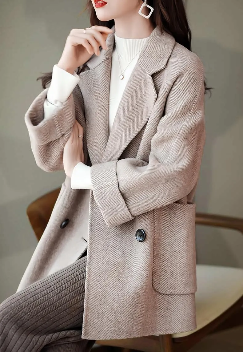 chouyatou Women's Casual Notch Lapel Double Breasted Warm Shacket Jacket Wool Coat