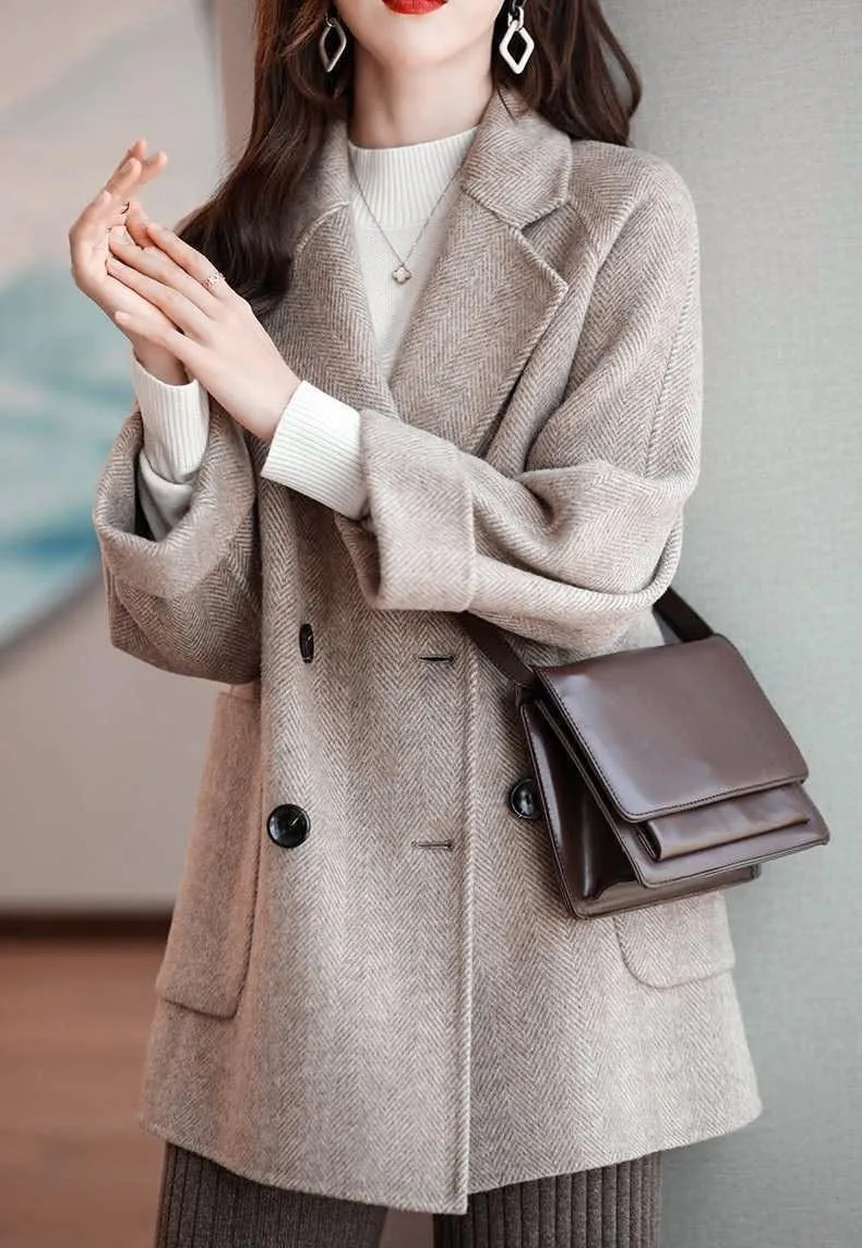 chouyatou Women's Casual Notch Lapel Double Breasted Warm Shacket Jacket Wool Coat