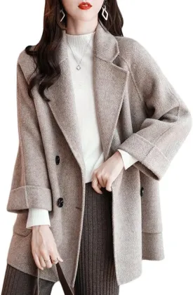 chouyatou Women's Casual Notch Lapel Double Breasted Warm Shacket Jacket Wool Coat