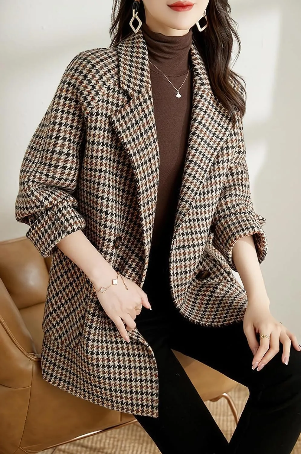 chouyatou Womens Fall Winter Casual Business Plaid Wool Coat Loose Double Breasted Dressy Blazer Pea Coat
