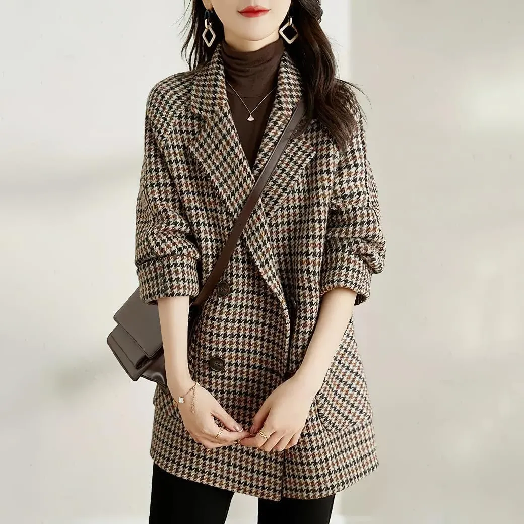 chouyatou Womens Fall Winter Casual Business Plaid Wool Coat Loose Double Breasted Dressy Blazer Pea Coat