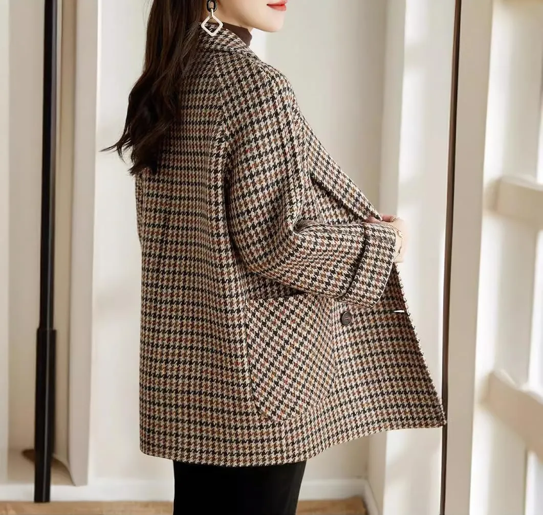 chouyatou Womens Fall Winter Casual Business Plaid Wool Coat Loose Double Breasted Dressy Blazer Pea Coat