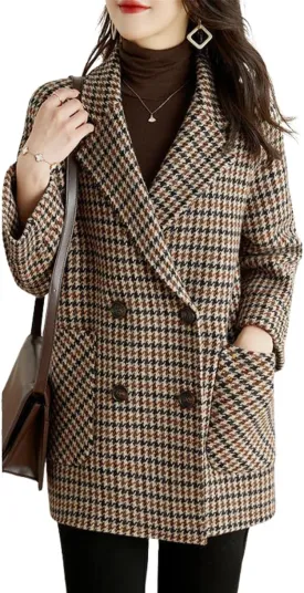 chouyatou Womens Fall Winter Casual Business Plaid Wool Coat Loose Double Breasted Dressy Blazer Pea Coat