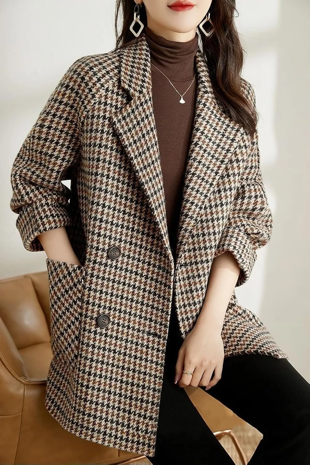 chouyatou Womens Fall Winter Casual Business Plaid Wool Coat Loose Double Breasted Dressy Blazer Pea Coat