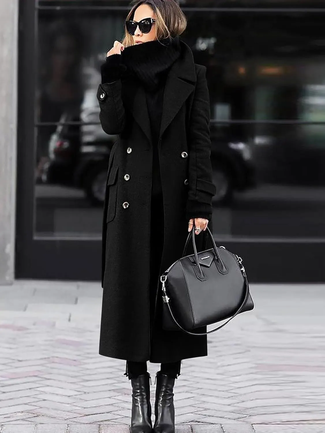 chouyatou Women's Winter Double Breasted Wool Coat Business Casual Long Winter Pea Coat with Belt