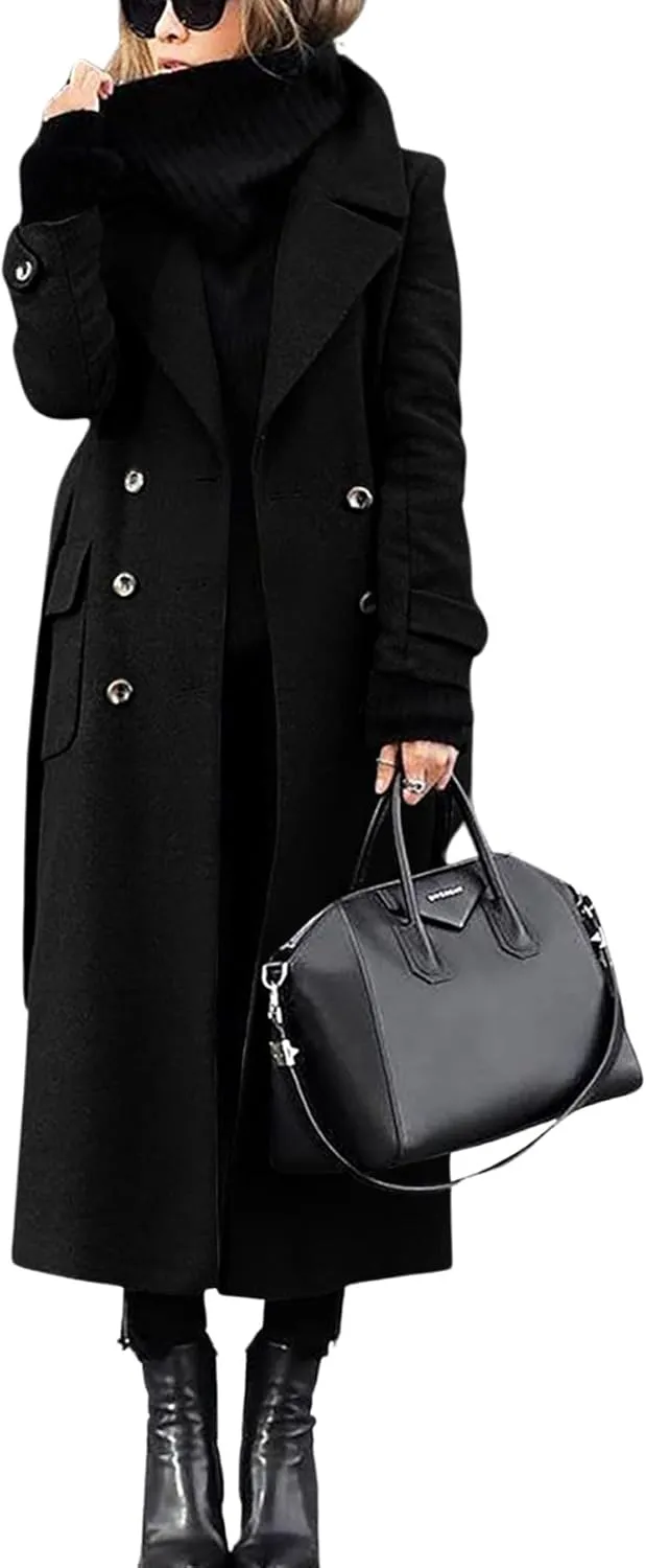 chouyatou Women's Winter Double Breasted Wool Coat Business Casual Long Winter Pea Coat with Belt