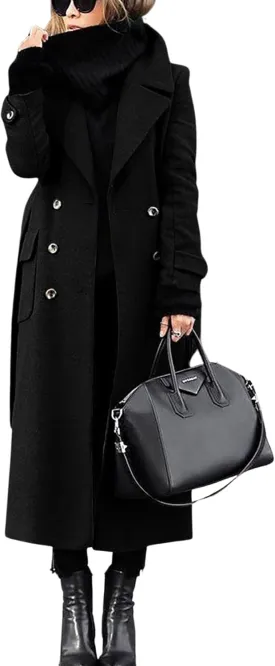 chouyatou Women's Winter Double Breasted Wool Coat Business Casual Long Winter Pea Coat with Belt