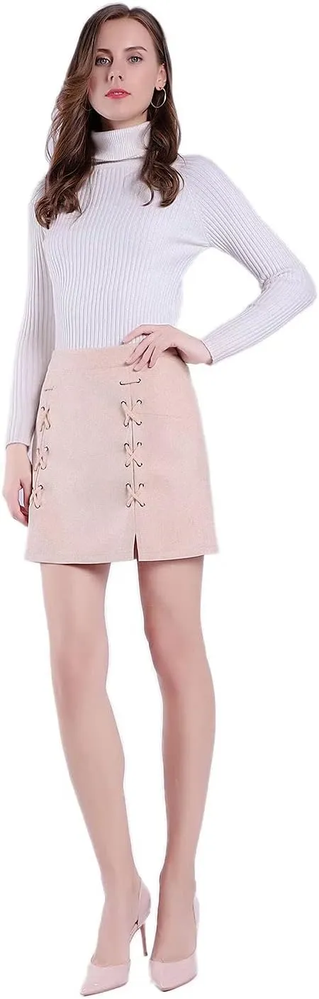 DIASHINY Womens Faux Suede Mini Skirt Above Knee Length Wrap A Line Winter Spring Fall