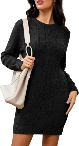 Dressystar Womens Sweater Dress Cable Knit Crewneck Loose Long Sleeve Mini Chunky Casual Pullover Dresses 2024 Fall Outfit
