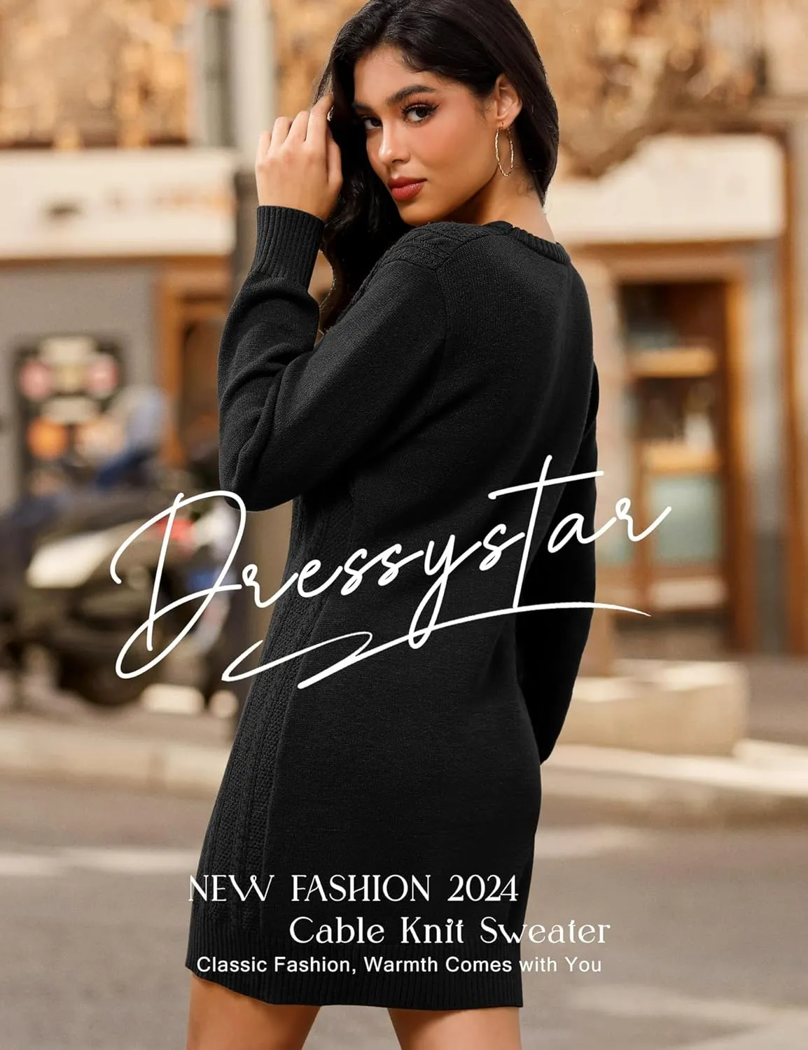 Dressystar Womens Sweater Dress Cable Knit Crewneck Loose Long Sleeve Mini Chunky Casual Pullover Dresses 2024 Fall Outfit