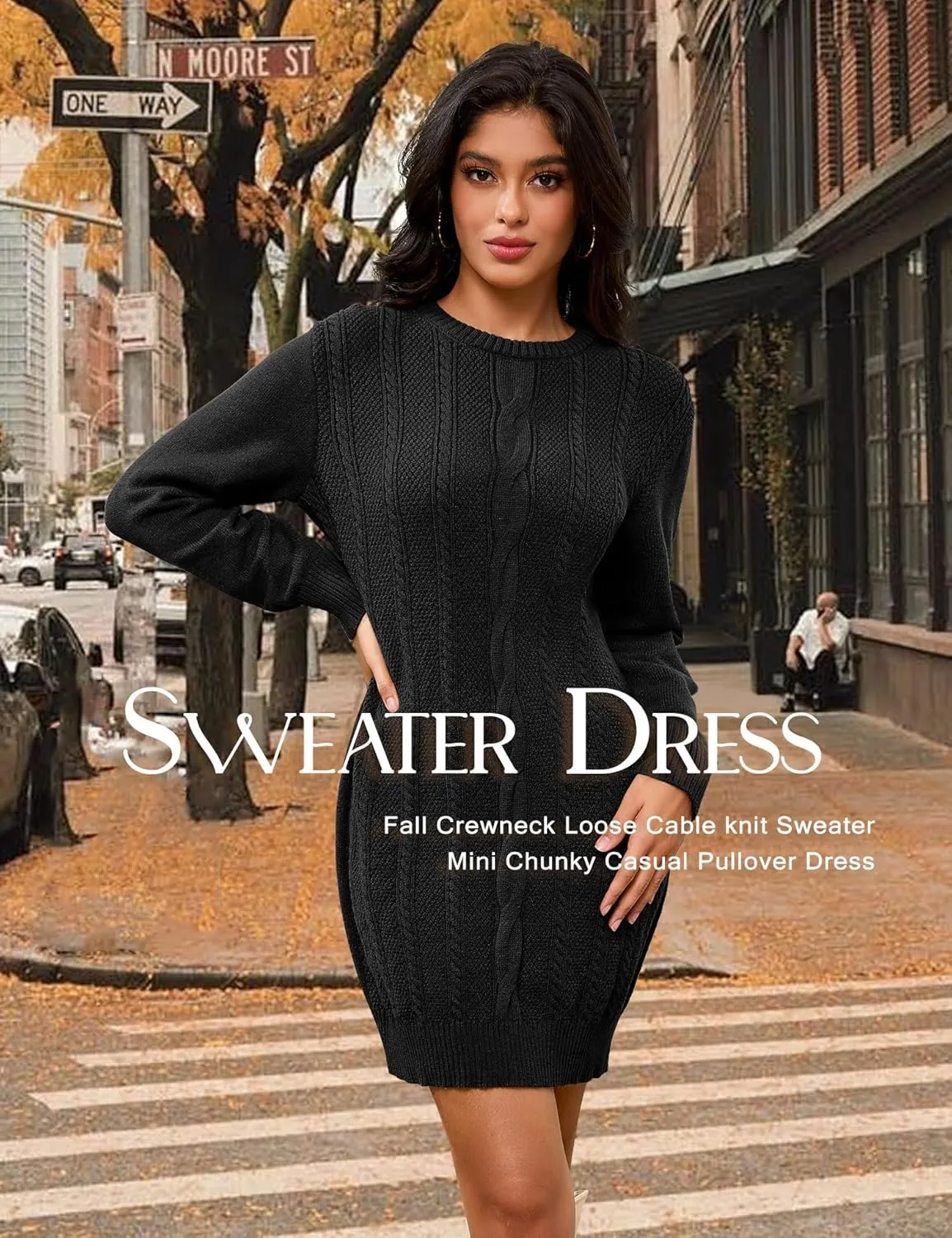 Dressystar Womens Sweater Dress Cable Knit Crewneck Loose Long Sleeve Mini Chunky Casual Pullover Dresses 2024 Fall Outfit