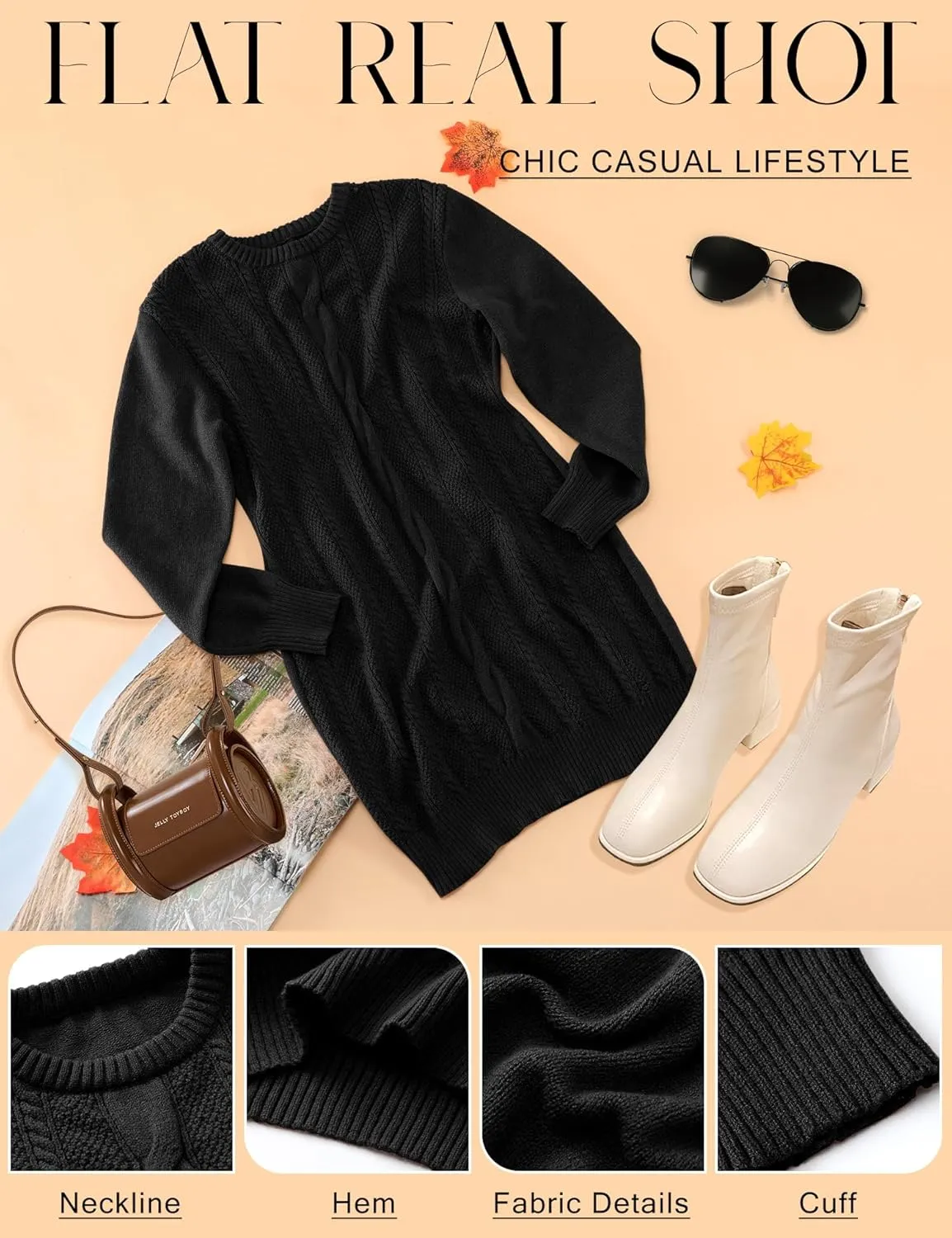 Dressystar Womens Sweater Dress Cable Knit Crewneck Loose Long Sleeve Mini Chunky Casual Pullover Dresses 2024 Fall Outfit