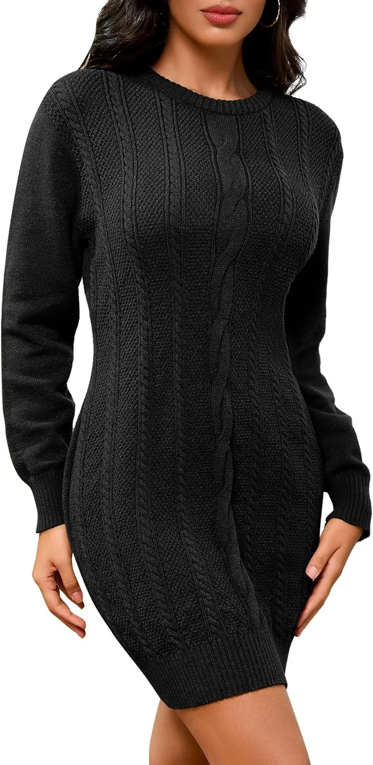 Dressystar Womens Sweater Dress Cable Knit Crewneck Loose Long Sleeve Mini Chunky Casual Pullover Dresses 2024 Fall Outfit