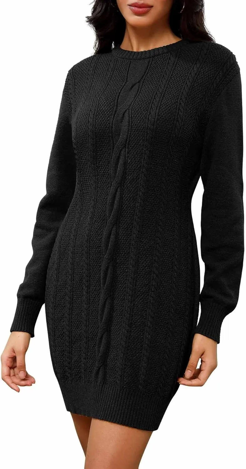 Dressystar Womens Sweater Dress Cable Knit Crewneck Loose Long Sleeve Mini Chunky Casual Pullover Dresses 2024 Fall Outfit
