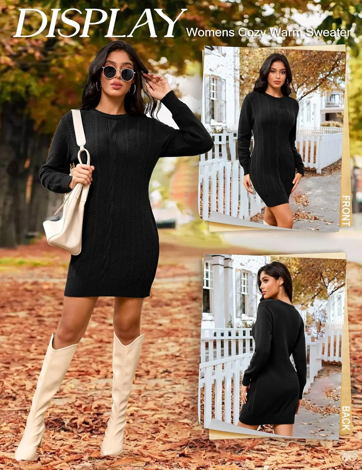 Dressystar Womens Sweater Dress Cable Knit Crewneck Loose Long Sleeve Mini Chunky Casual Pullover Dresses 2024 Fall Outfit