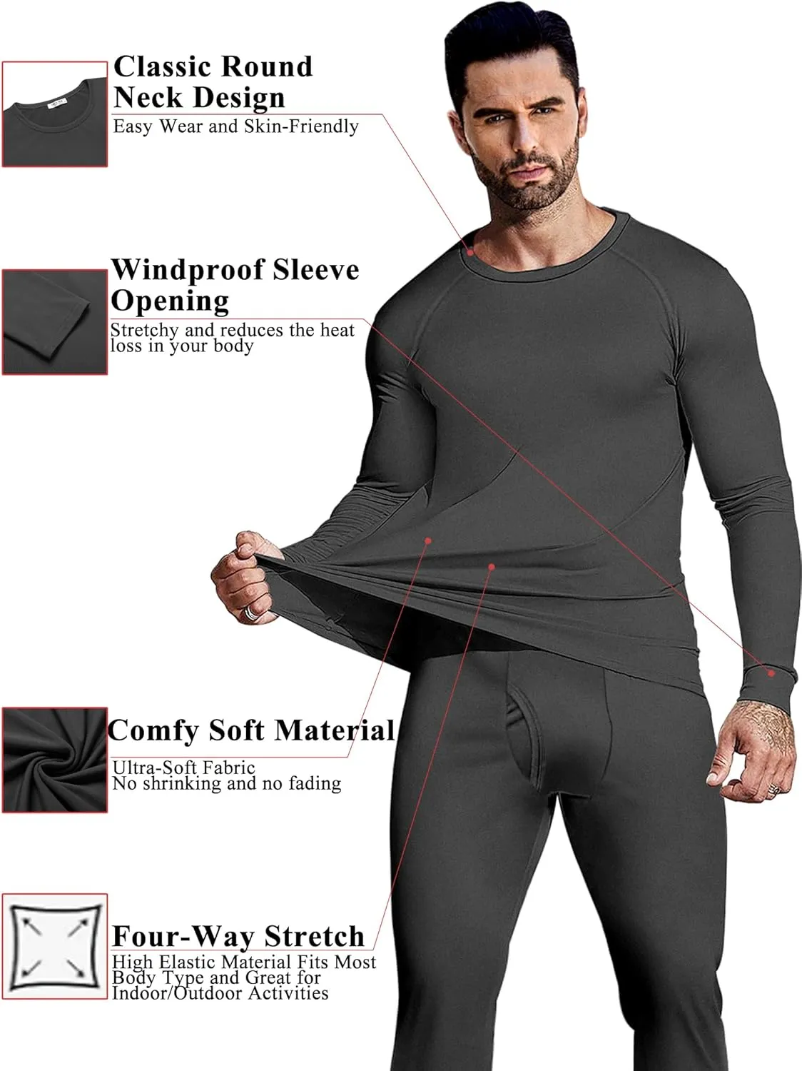 Ekouaer Men's Long Johns Thermal Underwear Comfy Soft Elastic Fabric Base Layer Set Cold Weather Warm Top and Bottom
