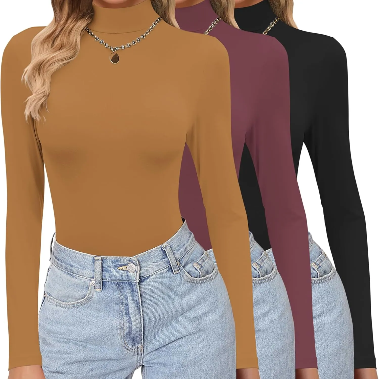 Ekouaer Women's 3 Pack Turtleneck Shirts Long Sleeve Mock Tops Lightweight Basic Layering Thermal