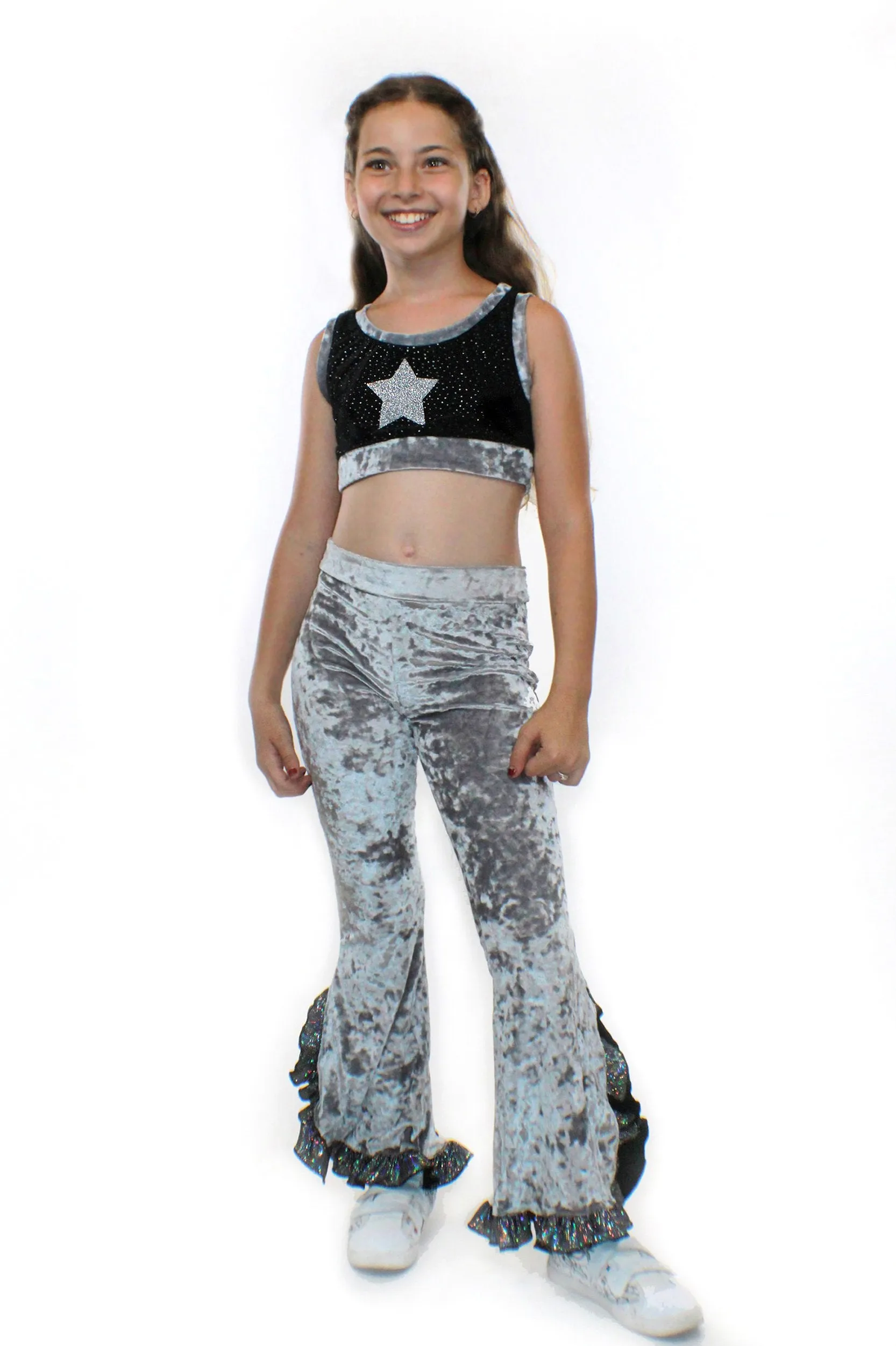 Eve, Silver Crushed Velvet and Glitter Flared Pants