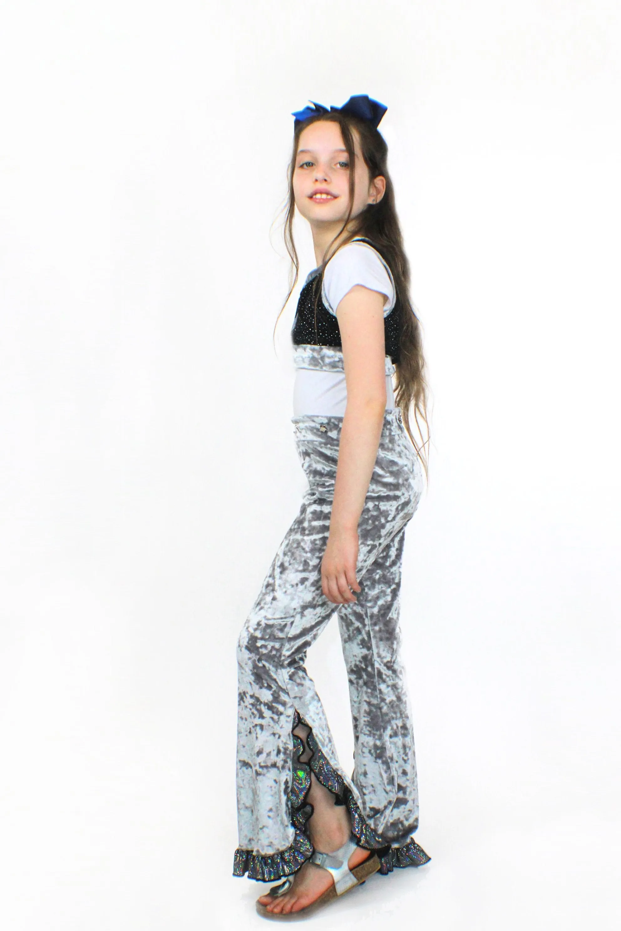 Eve, Silver Crushed Velvet and Glitter Flared Pants