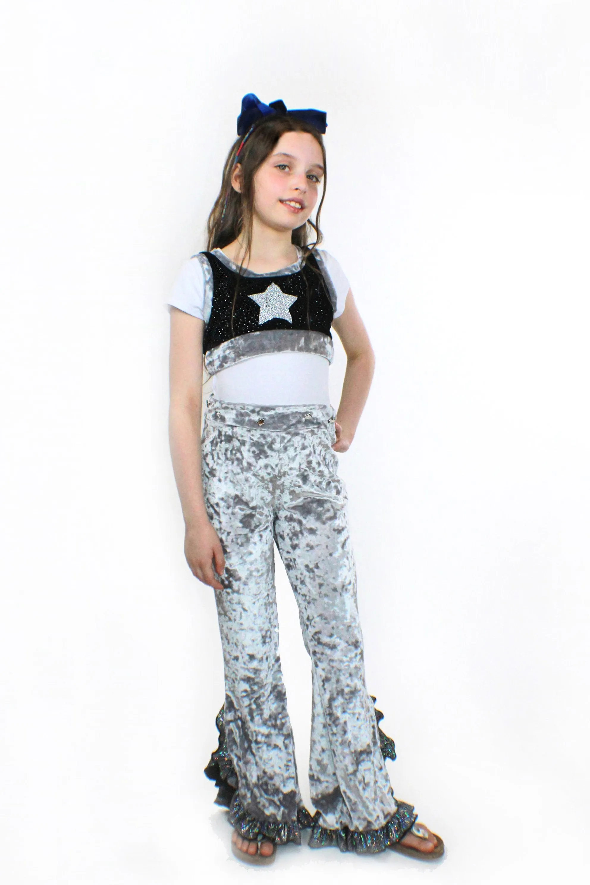 Eve, Silver Crushed Velvet and Glitter Flared Pants