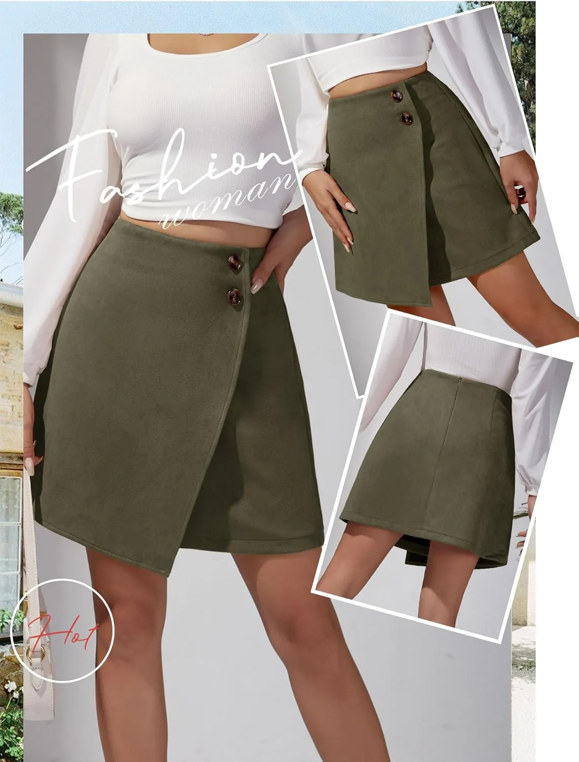 Ezcosplay Women High Waisted Faux Suede Mini Skirt Button Front Asymmetrical Hem A Line Short Skirt
