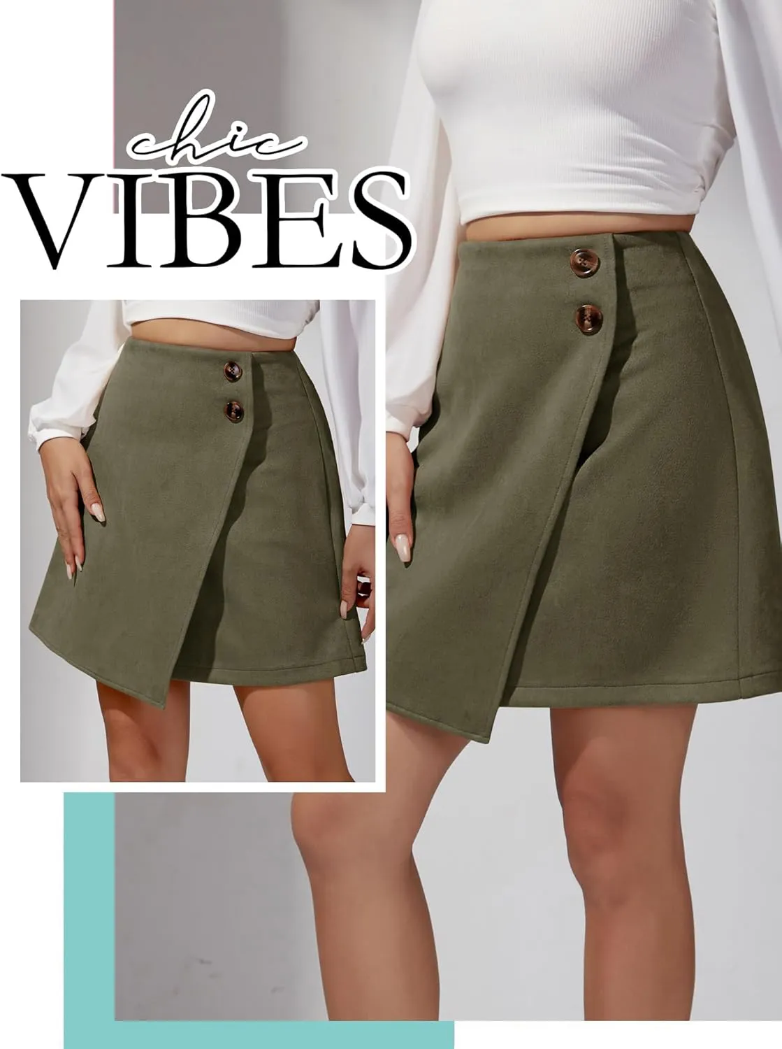 Ezcosplay Women High Waisted Faux Suede Mini Skirt Button Front Asymmetrical Hem A Line Short Skirt