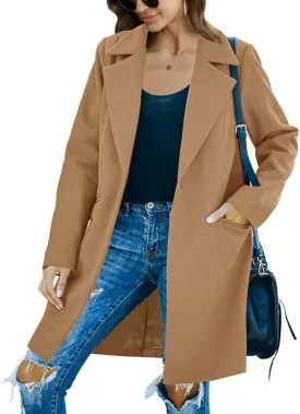Fazortev Womens Long Sleeve Wool Blend Pea Coat Lapel Notched Collar Warm Midi Casual Jacket Overcoat