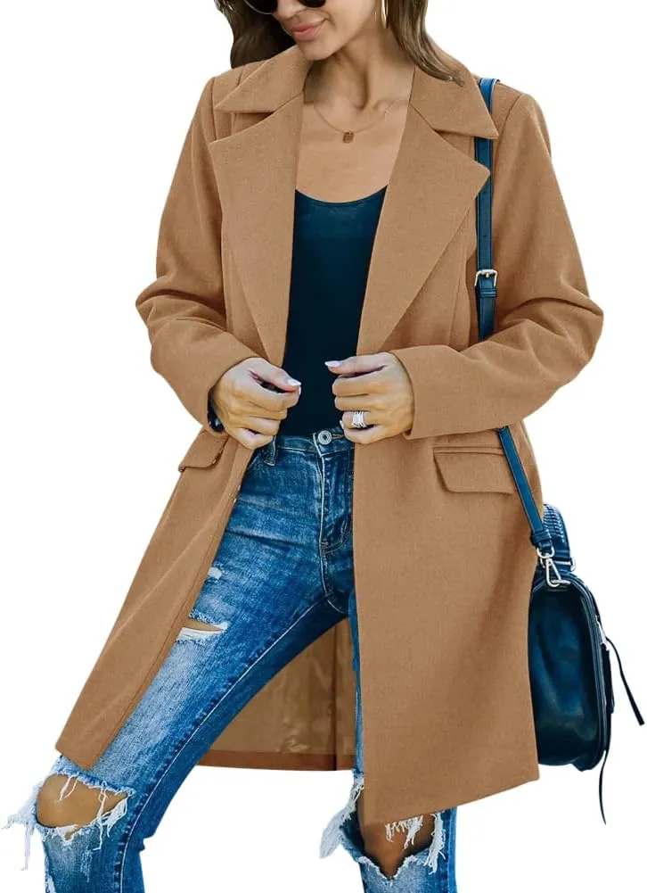 Fazortev Womens Long Sleeve Wool Blend Pea Coat Lapel Notched Collar Warm Midi Casual Jacket Overcoat
