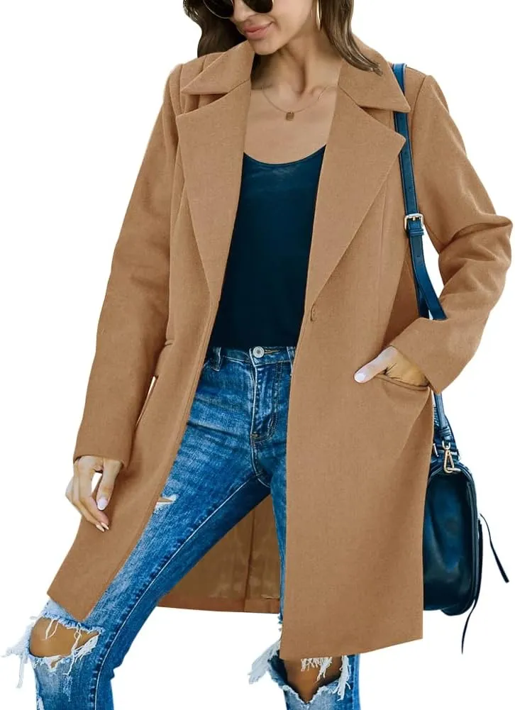 Fazortev Womens Long Sleeve Wool Blend Pea Coat Lapel Notched Collar Warm Midi Casual Jacket Overcoat