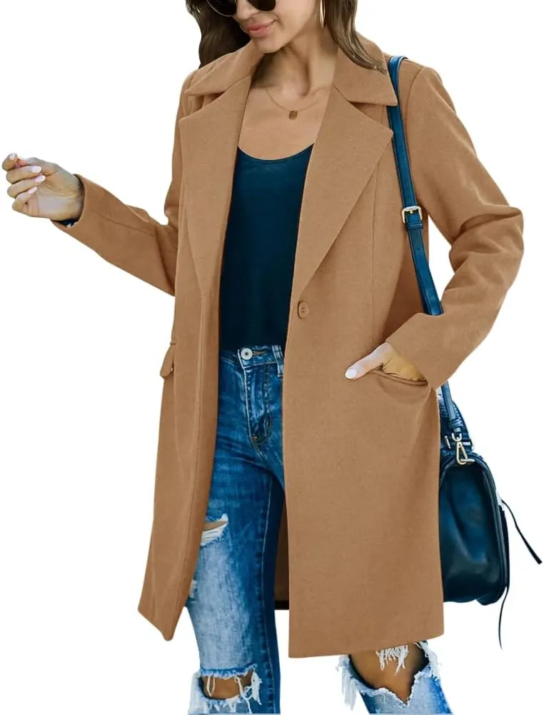 Fazortev Womens Long Sleeve Wool Blend Pea Coat Lapel Notched Collar Warm Midi Casual Jacket Overcoat