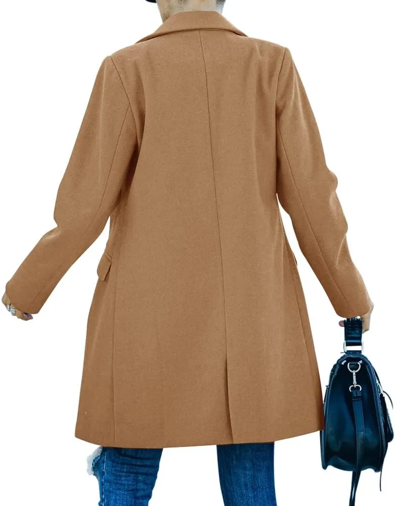 Fazortev Womens Long Sleeve Wool Blend Pea Coat Lapel Notched Collar Warm Midi Casual Jacket Overcoat
