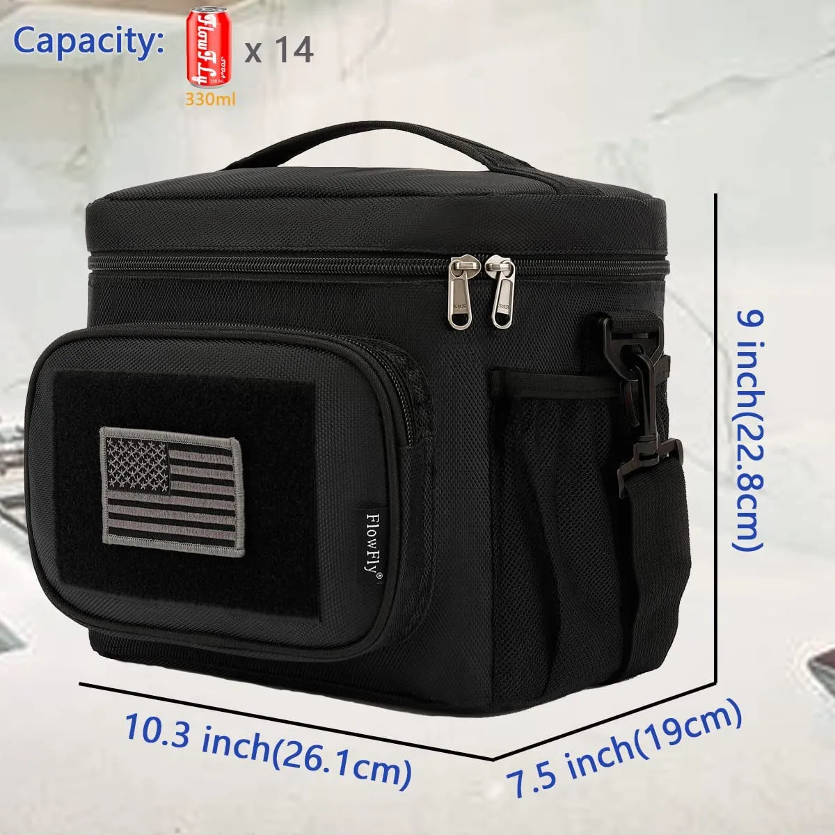 Flowfly Tactical Lunch Bag Large Insulated Lunch Box Cooler Tote for Men, Women with MOLLE/PALS Webbing (Black)