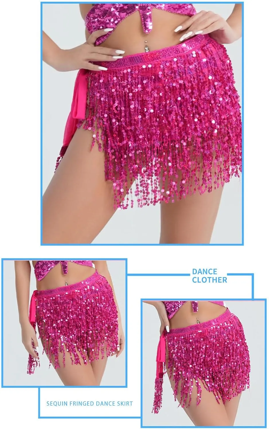 Gold Sequin Tassel Skirt Wrap Belly Dance Sparkling Skirts Fringe Hip Scarf for Festival