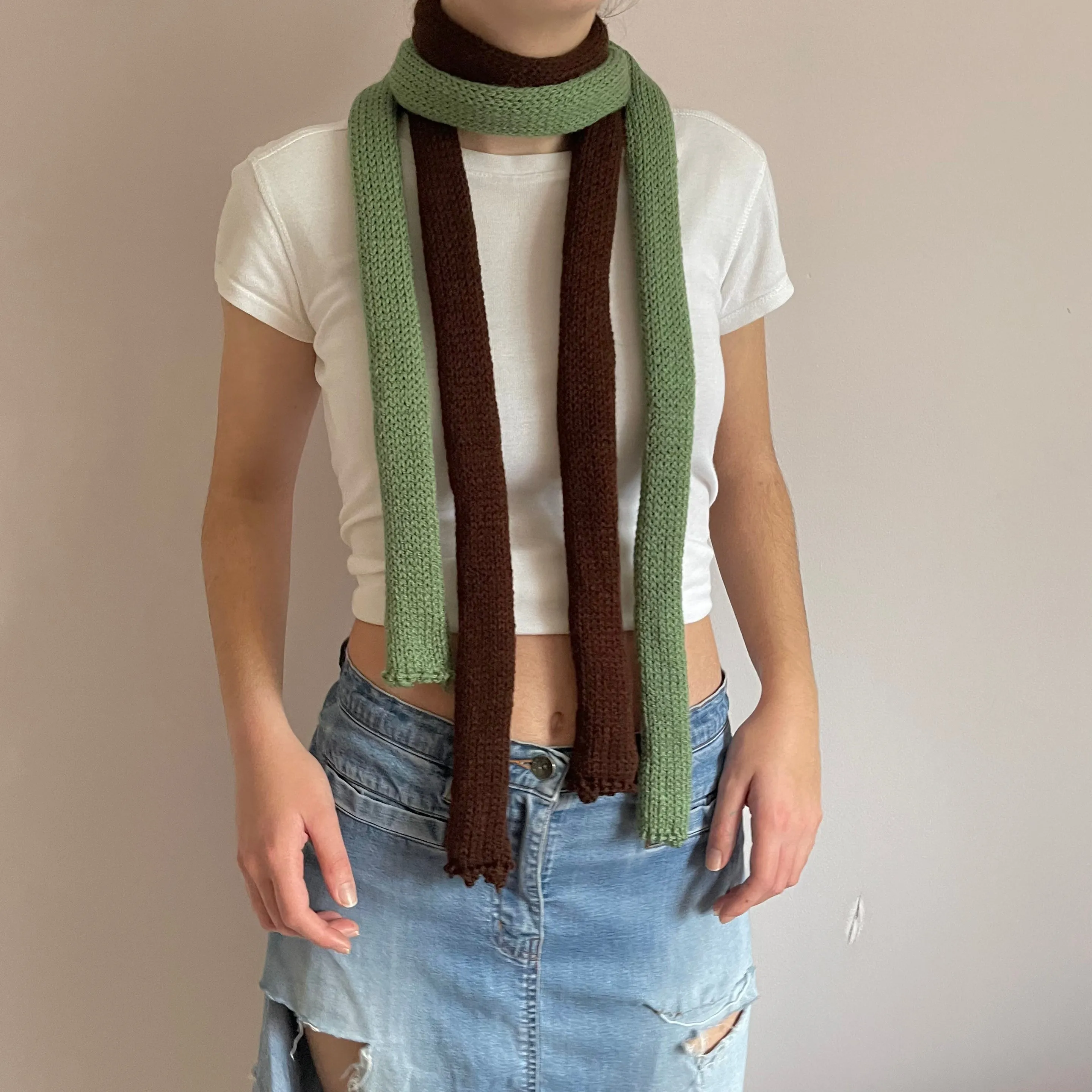 Handmade knitted skinny scarf in sage green