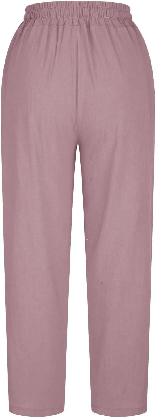 HGps8w Plus Size Linen Pants for Women Casual Loose Wide Leg High Waisted Pants Comfy Solid Trousers with Pockets
