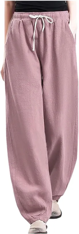 HGps8w Plus Size Linen Pants for Women Casual Loose Wide Leg High Waisted Pants Comfy Solid Trousers with Pockets