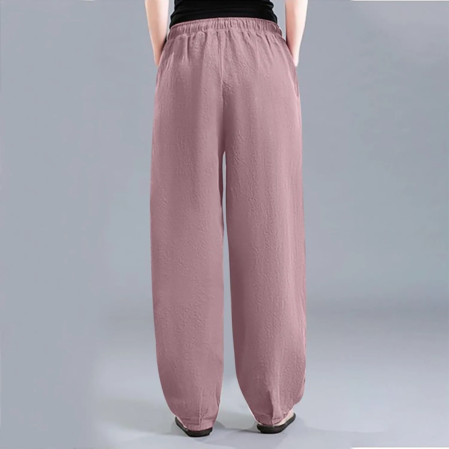 HGps8w Plus Size Linen Pants for Women Casual Loose Wide Leg High Waisted Pants Comfy Solid Trousers with Pockets
