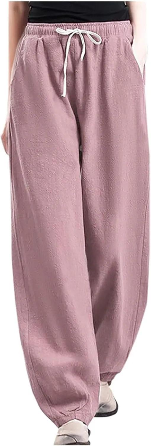 HGps8w Plus Size Linen Pants for Women Casual Loose Wide Leg High Waisted Pants Comfy Solid Trousers with Pockets